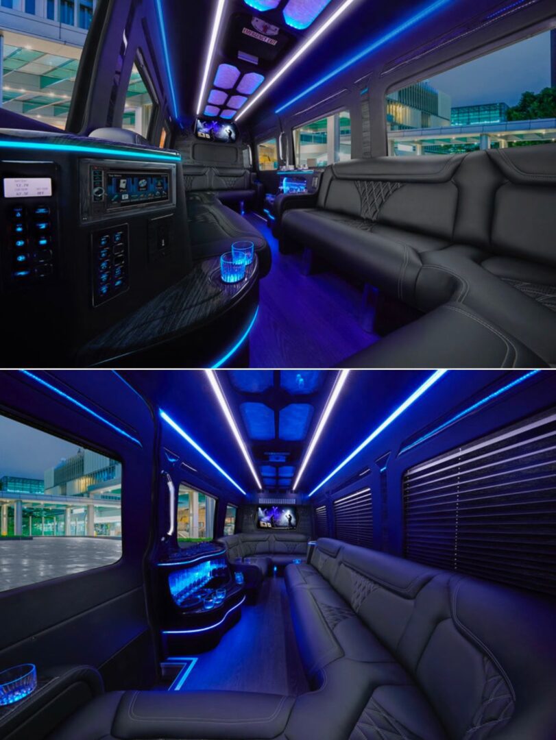 A picture of the inside of a limo.