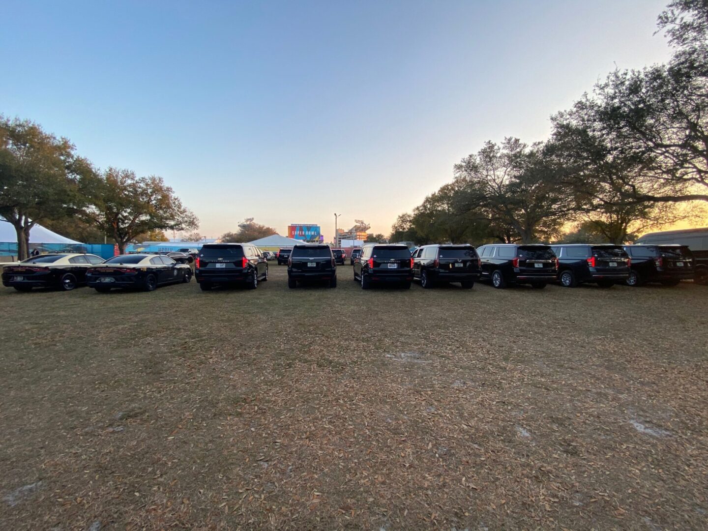 A group of cars parked in the grass.