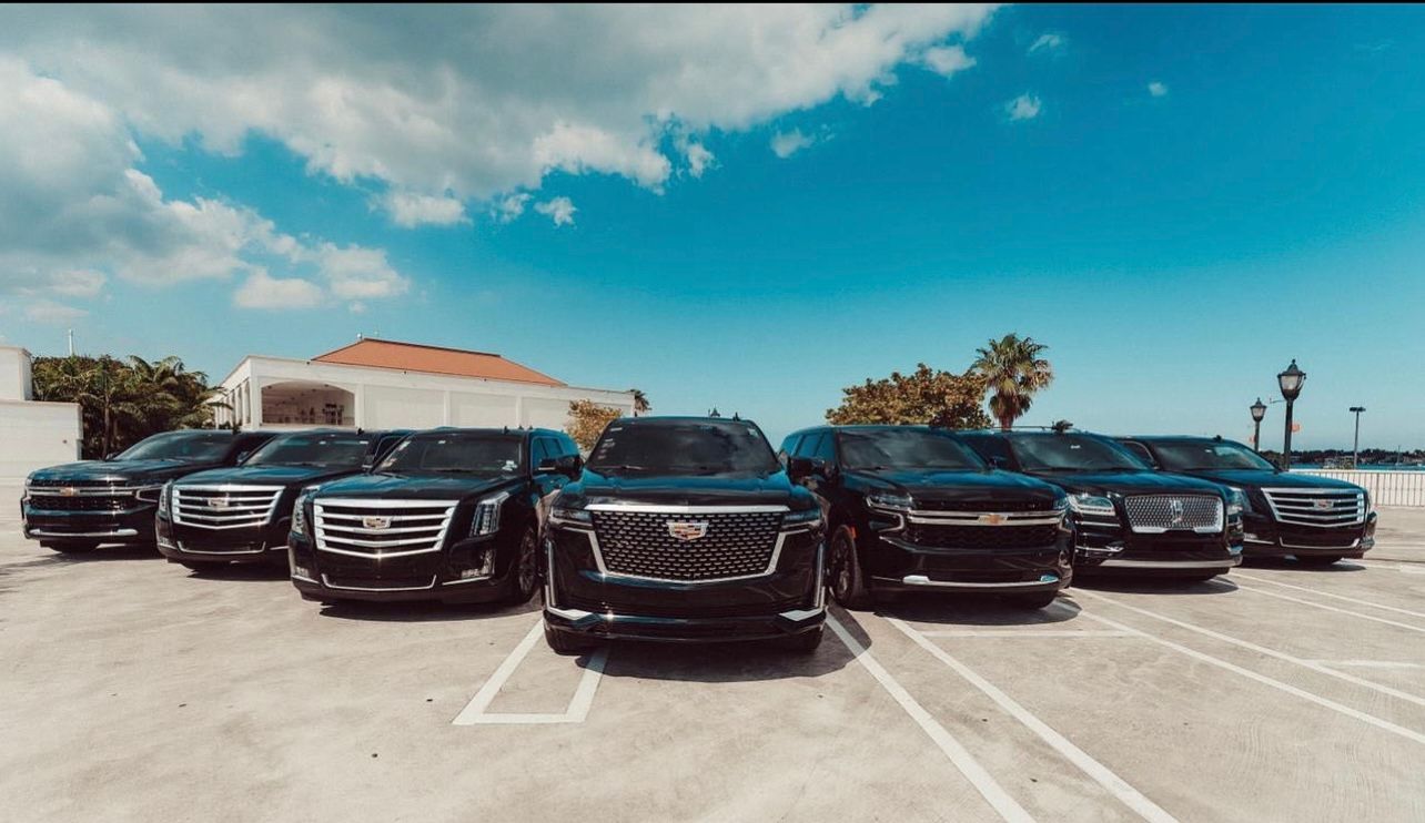 A row of black cars parked in a parking lot.