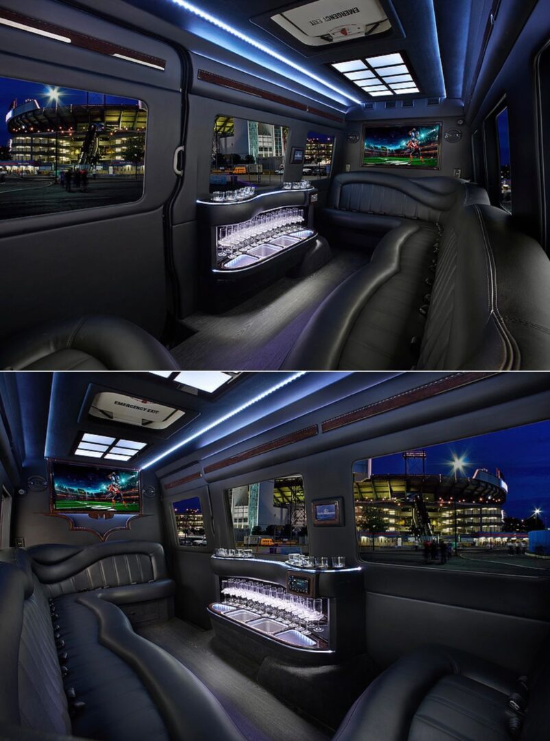 A split photo of the inside of a limo.